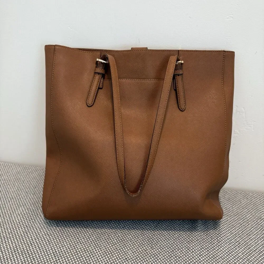 MICHAEL KORS Large Saffiano Leather Tote JET SET Tall TRAVEL ACORN BROWn